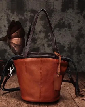 Vintage Womens Brown Leather Bucket Purse Bucket Handbags Shoulder Barrel Bag Crossbody Purse for Ladies cheap online