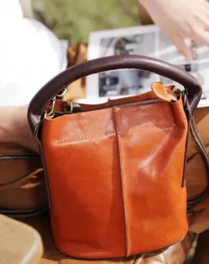 Vintage Womens Brown Leather Bucket Purse Handbag Barrel Side Bag With Zipper for Ladies cheap online