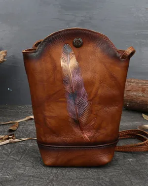 Vintage Womens Brown Leather Shoulder Bucket Bag leather phone Bucket bag for women Side bag crossbody bag cheap online