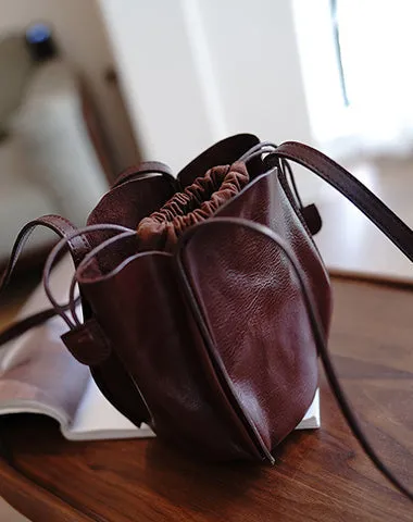Vintage Womens Coffee Leather Small Bucket Shoulder Bag Flower Bud Bucket Purse for Women cheap online
