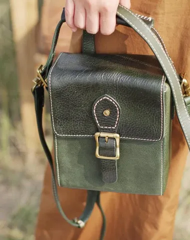 Vintage Womens Green Leather Satchel Small Handbag Bucket Shoulder Bag Brown Box Bags Purses cheap online