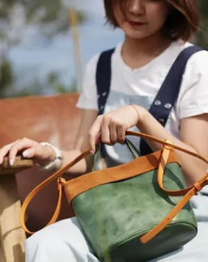 Vintage WOmens Green Leather Small Tote Bucket Bag Brown Small Tote Handbags Purse for Ladies cheap online