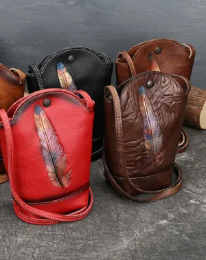 Vintage Womens Leather Shoulder Bucket Bag leather phone Bucket bag for women Side bag crossbody bag cheap online