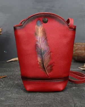 Vintage Womens Red Leather Shoulder Bucket Bag leather phone Bucket bag for women Side bag crossbody bag cheap online