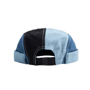 W&W Patchwork Denim Docker Cap boater hat with bow in beach sunlight