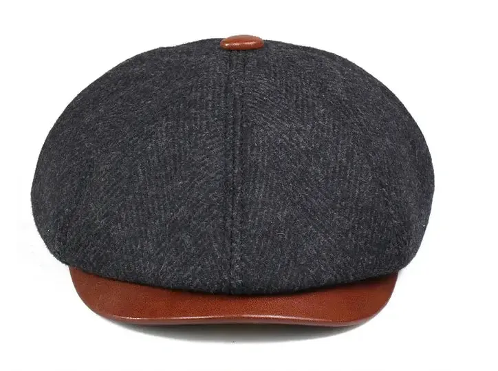 Wayne Herringbone Wool & Leather Newsboy Cap