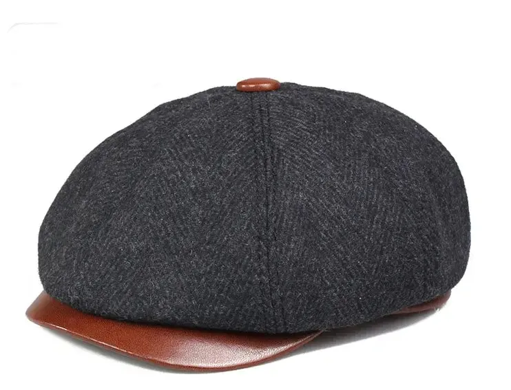 Wayne Herringbone Wool & Leather Newsboy Cap