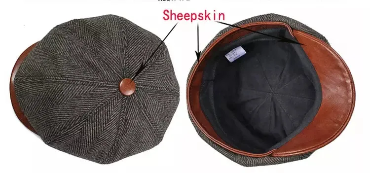 Wayne Herringbone Wool & Leather Newsboy Cap