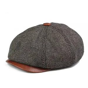 Wayne Herringbone Wool & Leather Newsboy Cap boater hat with bow in beach sunlight