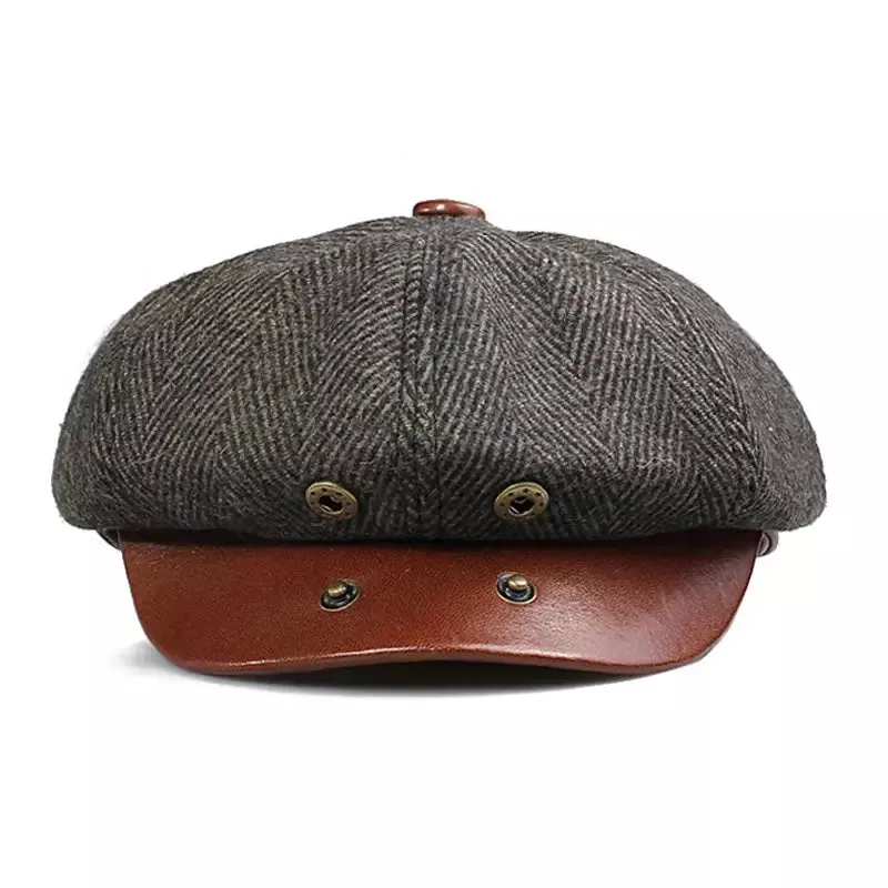Wayne Herringbone Wool & Leather Newsboy Cap