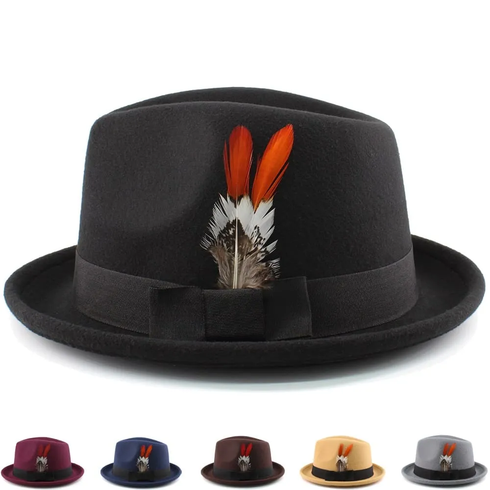 Wesley Feathers Wool Trilby Hat boater hat with bow in beach sunlight