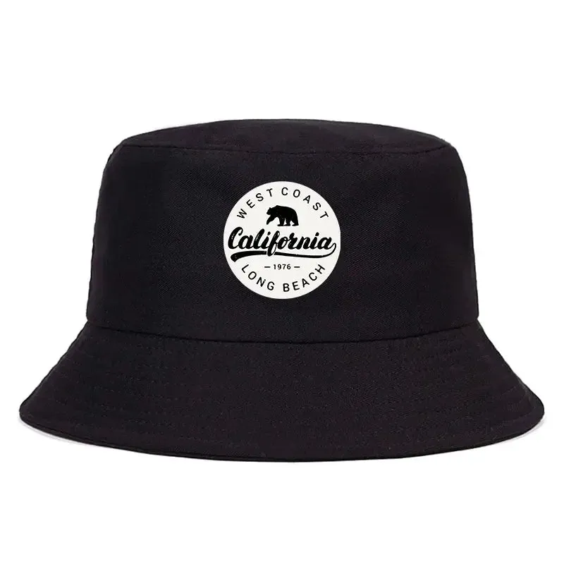 West Coast California Long Beach Bucket Hat boater hat with bow in beach sunlight