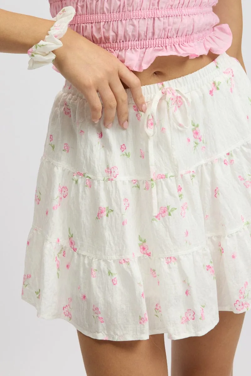 White Ditsy Skater Skirt High Rise Tiered Mini Lined
