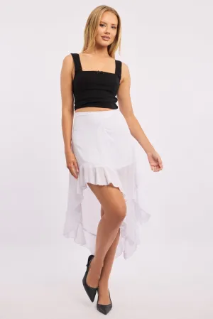 White Frill Skirt High Waisted High Low Midi,skirt,denim skirt,mini skirt,maxi skirt,jean skirt,skort,tennis skirt,pleated skirt,pencil skirt,bubble skirt,plisse skirt,fitted skirt,midi skirt,short skirt,short mini skirt,leather skirt,a line skirt