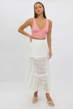 White Lace Maxi Skirt Elastic Waist Tiered Lined,skirt,denim skirt,mini skirt,maxi skirt,jean skirt,skort,tennis skirt,pleated skirt,pencil skirt,bubble skirt,plisse skirt,fitted skirt,midi skirt,short skirt,short mini skirt,leather skirt,a line skirt