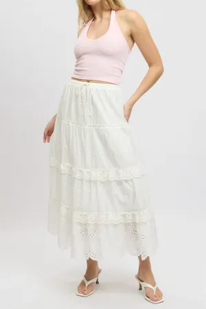 White Maxi Skirt High Waisted Tiered Broidery Eyelet,skirt,denim skirt,mini skirt,maxi skirt,jean skirt,skort,tennis skirt,pleated skirt,pencil skirt,bubble skirt,plisse skirt,fitted skirt,midi skirt,short skirt,short mini skirt,leather skirt,a line skirt
