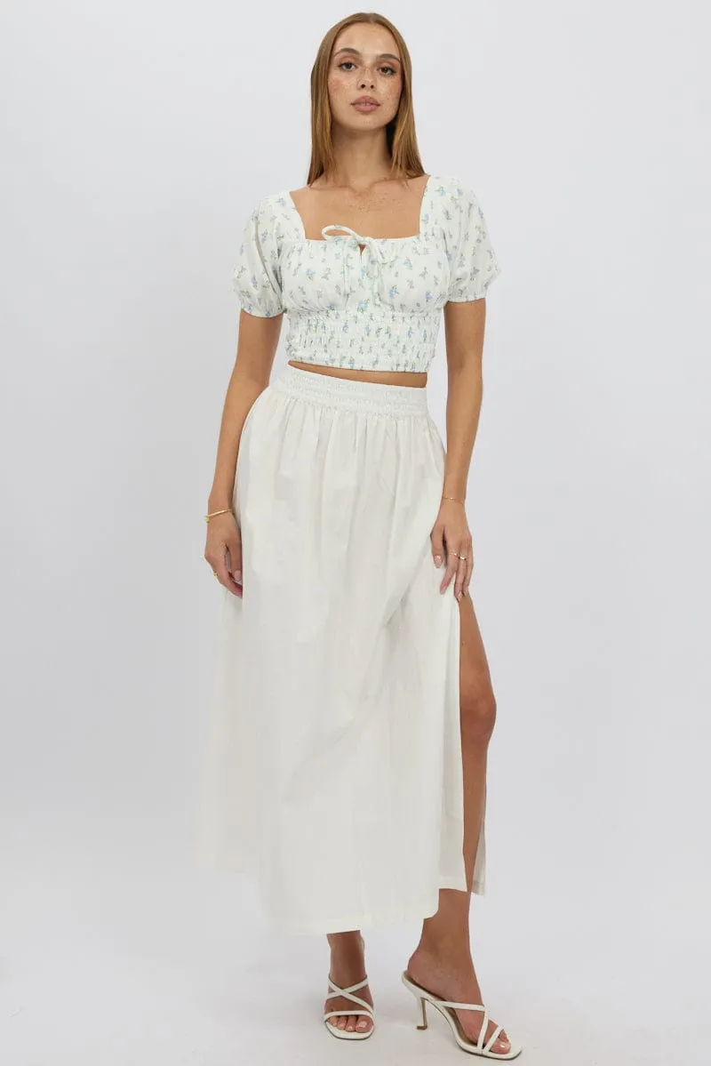 White Maxi Skirt Shirred Waist Relaxed Fit,skirt,denim skirt,mini skirt,maxi skirt,jean skirt,skort,tennis skirt,pleated skirt,pencil skirt,bubble skirt,plisse skirt,fitted skirt,midi skirt,short skirt,short mini skirt,leather skirt,a line skirt