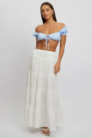 White Maxi Skirt Shirred Waist Tiered Relaxed Fit,skirt,denim skirt,mini skirt,maxi skirt,jean skirt,skort,tennis skirt,pleated skirt,pencil skirt,bubble skirt,plisse skirt,fitted skirt,midi skirt,short skirt,short mini skirt,leather skirt,a line skirt