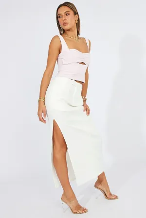 White Mid Skirt Side Split High Rise,skirt,denim skirt,mini skirt,maxi skirt,jean skirt,skort,tennis skirt,pleated skirt,pencil skirt,bubble skirt,plisse skirt,fitted skirt,midi skirt,short skirt,short mini skirt,leather skirt,a line skirt,Split skirt