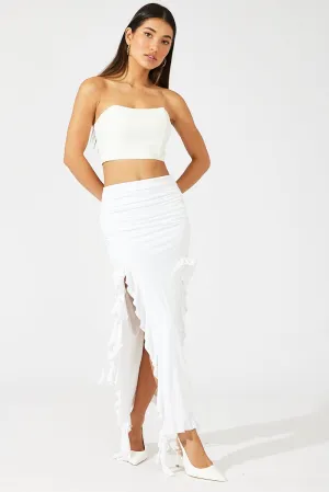 White Ruffle Maxi Skirt,skirt,denim skirt,mini skirt,maxi skirt,jean skirt,skort,tennis skirt,pleated skirt,pencil skirt,bubble skirt,plisse skirt,fitted skirt,midi skirt,short skirt,short mini skirt,leather skirt,a line skirt