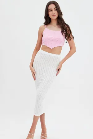 White Textured Midi Skirt,skirt,denim skirt,mini skirt,maxi skirt,jean skirt,skort,tennis skirt,pleated skirt,pencil skirt,bubble skirt,plisse skirt,fitted skirt,midi skirt,short skirt,short mini skirt,leather skirt,a line skirt,Split skirt