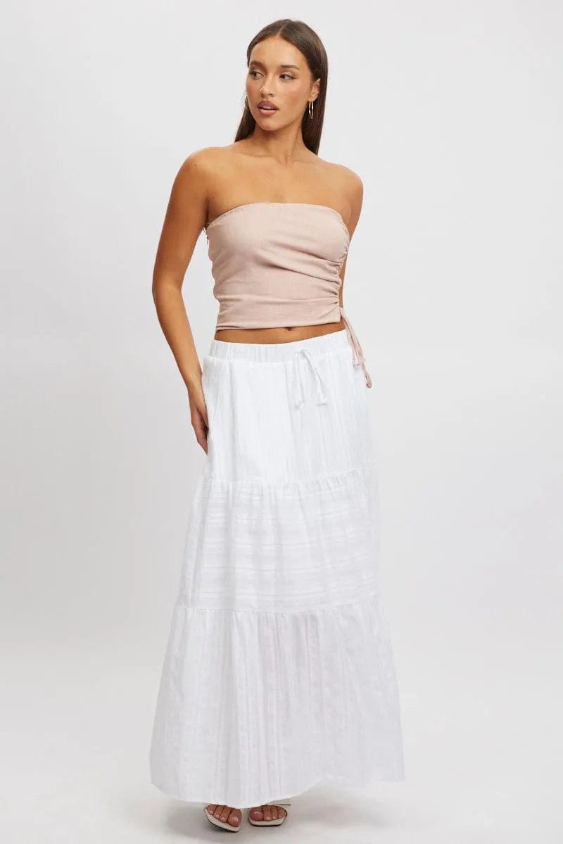 White Tiered Maxi Skirt High Rise Elastic Waist Lined,skirt,denim skirt,mini skirt,maxi skirt,jean skirt,skort,tennis skirt,pleated skirt,pencil skirt,bubble skirt,plisse skirt,fitted skirt,midi skirt,short skirt,short mini skirt,leather skirt,a line skirt