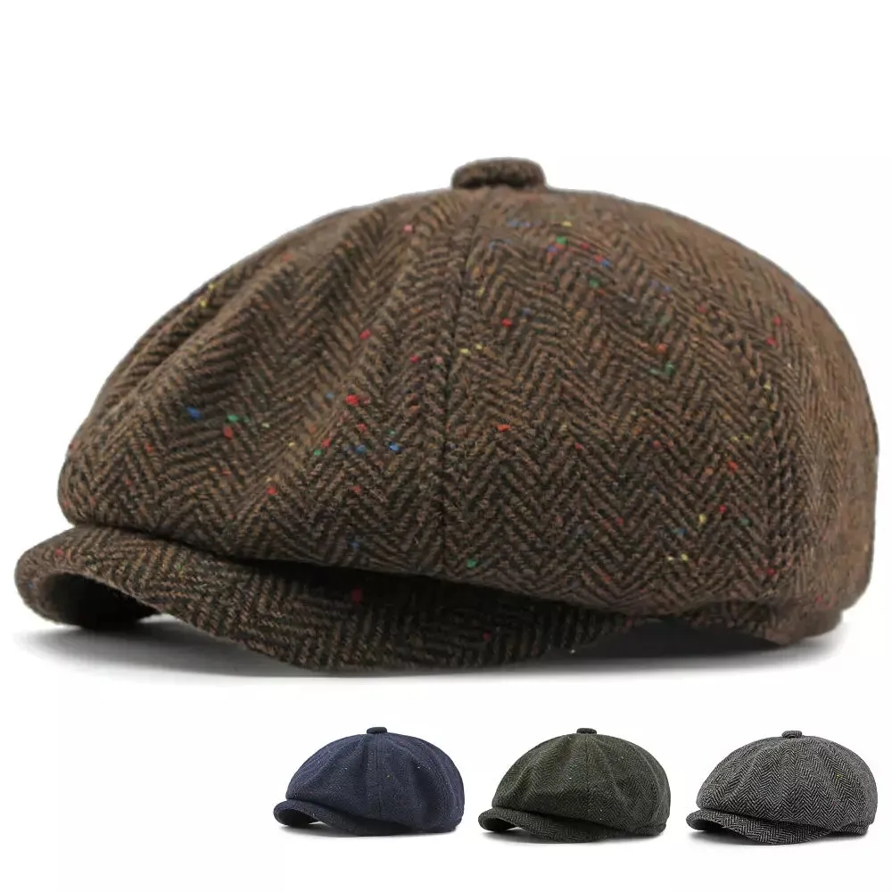 William Flecked Herringbone Newsboy Cap boater hat with bow in beach sunlight