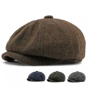 William Flecked Herringbone Newsboy Cap boater hat with bow in beach sunlight