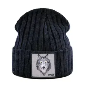 Wolf Knitted Beanie boater hat with bow in beach sunlight