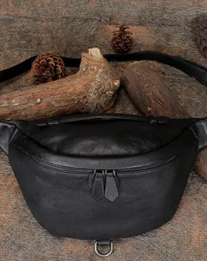 Women Black Gray Leather Waist Bag Fanny Pack Vintage Handmade Hip Pack for Men Black Gray