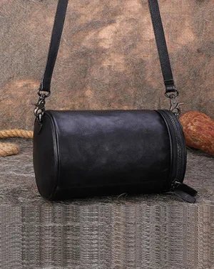 Womens Black Gray Leather Barrel Shoulder Bag Purse Vintage Round Handbag Bucket Crossbody Purse for Women cheap online