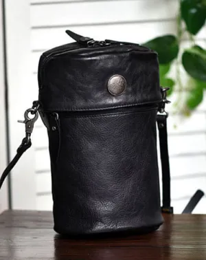 Womens Black Leather Bucket Crossbody Bag Purse Vintage Handmade Round Barrel Shoulder Bag for Women cheap online