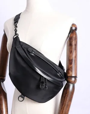 Womens Black Nylon Leather Fanny Pack Nylon Chest Bag Black Womens Hip Bag Waist Bag For Women Black