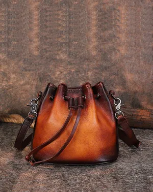 Womens Brown Leather Barrel Crossbody Bag Purse Vintage Round Bucket Shoulder Bag for Women cheap online