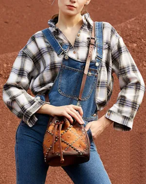 Womens Brown Leather Barrel Handbag Purse Vintage Rivet Round Shoulder Bag Bucket Crossbody Handbag for Women cheap online