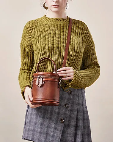 Womens Brown Leather Barrel Handbag Purses Vintage Handmade Round Shoulder Bag Bucket Crossbody Handbag for Women cheap online