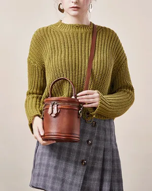 Womens Brown Leather Barrel Handbag Purses Vintage Handmade Round Shoulder Bag Bucket Crossbody Handbag for Women cheap online