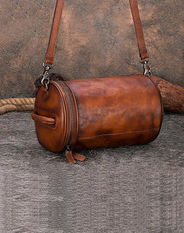 Womens Brown Leather Barrel Shoulder Bag Purse Vintage Round Handbag Bucket Crossbody Purse for Women cheap online