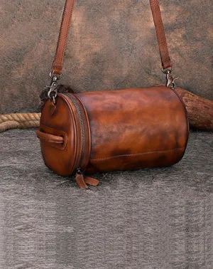 Womens Brown Leather Barrel Shoulder Bag Purse Vintage Round Handbag Bucket Crossbody Purse for Women cheap online