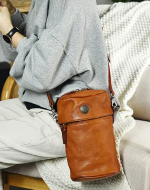 Womens Brown Leather Bucket Crossbody Bag Purse Vintage Handmade Round Barrel Shoulder Bag for Women cheap online