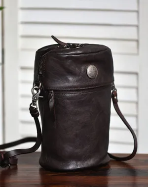 Womens Coffee Leather Bucket Crossbody Bag Purse Vintage Handmade Round Barrel Shoulder Bag for Women cheap online
