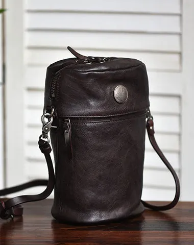 Womens Coffee Leather Bucket Crossbody Bag Purse Vintage Handmade Round Barrel Shoulder Bag for Women cheap online