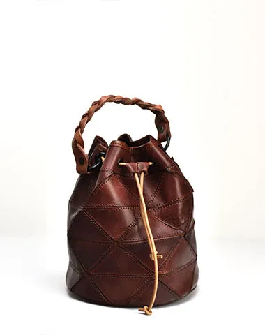 Womens Coffee Leather Bucket Shoulder Bag Purse Vintage Split Joint Barrel Round Handbag Crossbody Purse for Women cheap online