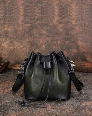 Womens Green Leather Barrel Crossbody Bag Purse Vintage Round Bucket Shoulder Bag for Women cheap online