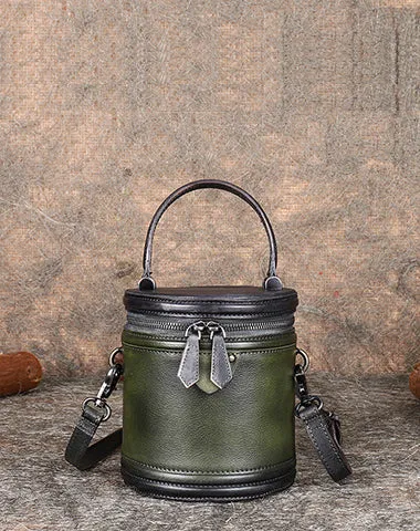 Womens Green Leather Barrel Handbag Purses Vintage Handmade Round Shoulder Bag Bucket Crossbody Handbag for Women cheap online