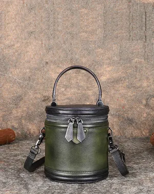 Womens Green Leather Barrel Handbag Purses Vintage Handmade Round Shoulder Bag Bucket Crossbody Handbag for Women cheap online