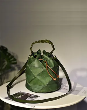 Womens Green Leather Bucket Shoulder Bag Purse Vintage Split Joint Barrel Round Handbag Crossbody Purse for Women cheap online