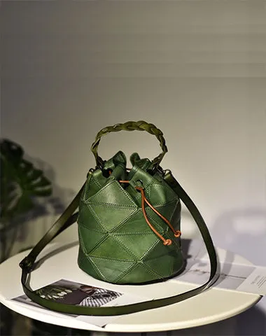 Womens Green Leather Bucket Shoulder Bag Purse Vintage Split Joint Barrel Round Handbag Crossbody Purse for Women cheap online