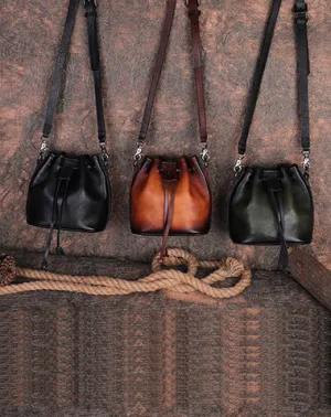 Womens Leather Barrel Crossbody Bag Purse Vintage Round Bucket Shoulder Bag for Women cheap online