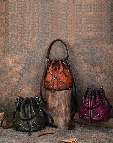 Womens Leather Barrel Handbag Purse Vintage Rivet Round Shoulder Bag Bucket Crossbody Handbag for Women cheap online